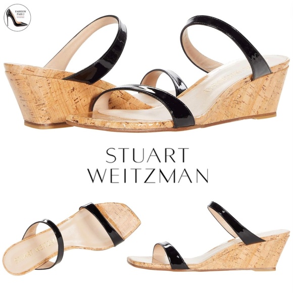 Stuart Weitzman Aleena 50 wedge Black patent leather sandals pumps mules 6.5 - Picture 1 of 13